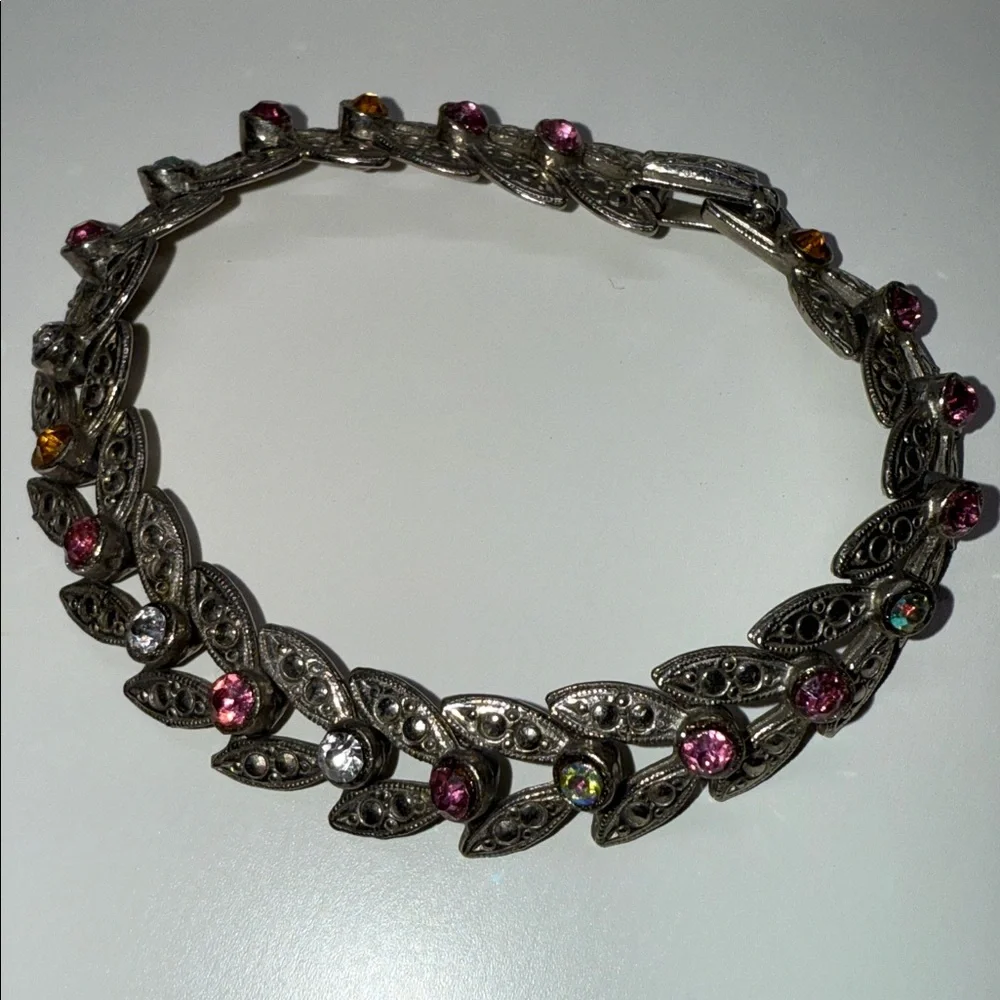 Gorgeous Multicolor Leaf Design rhinestone bracelet hot pink Aurora Borealis yum